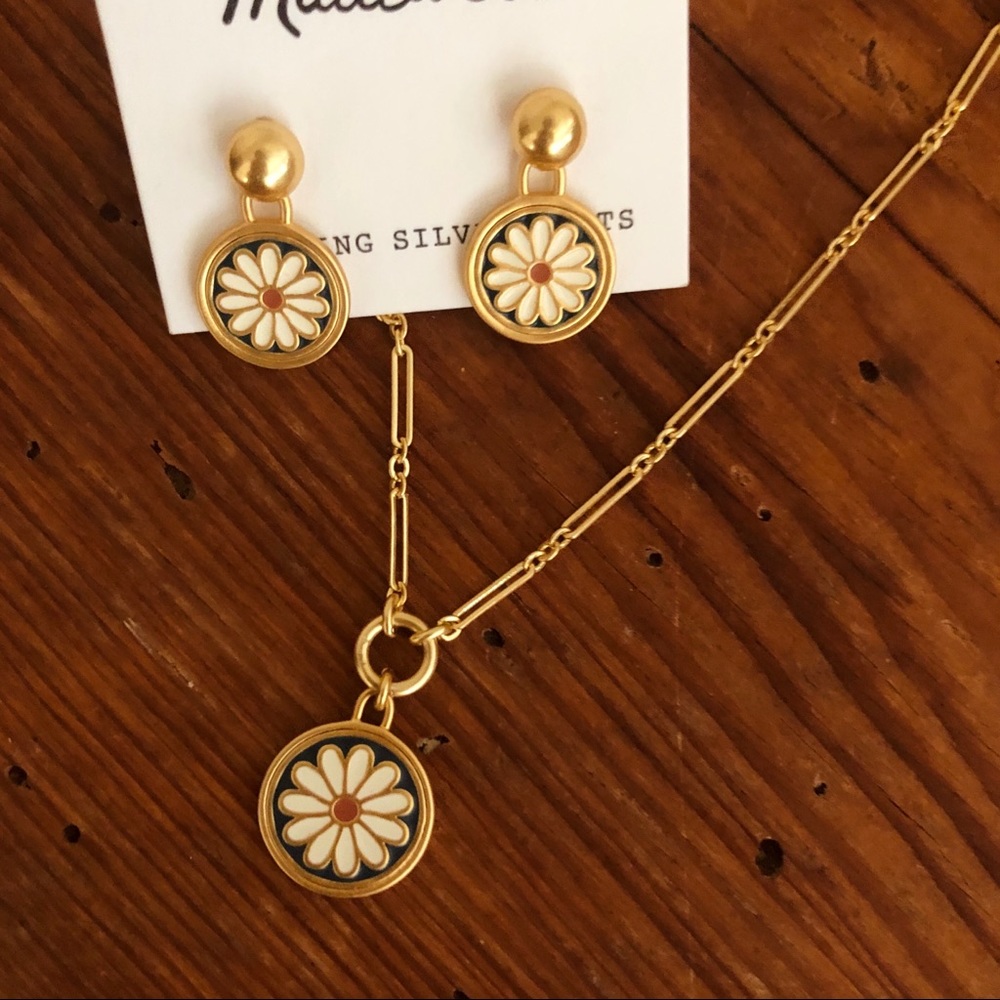 Madewell necklace and dangle studs.